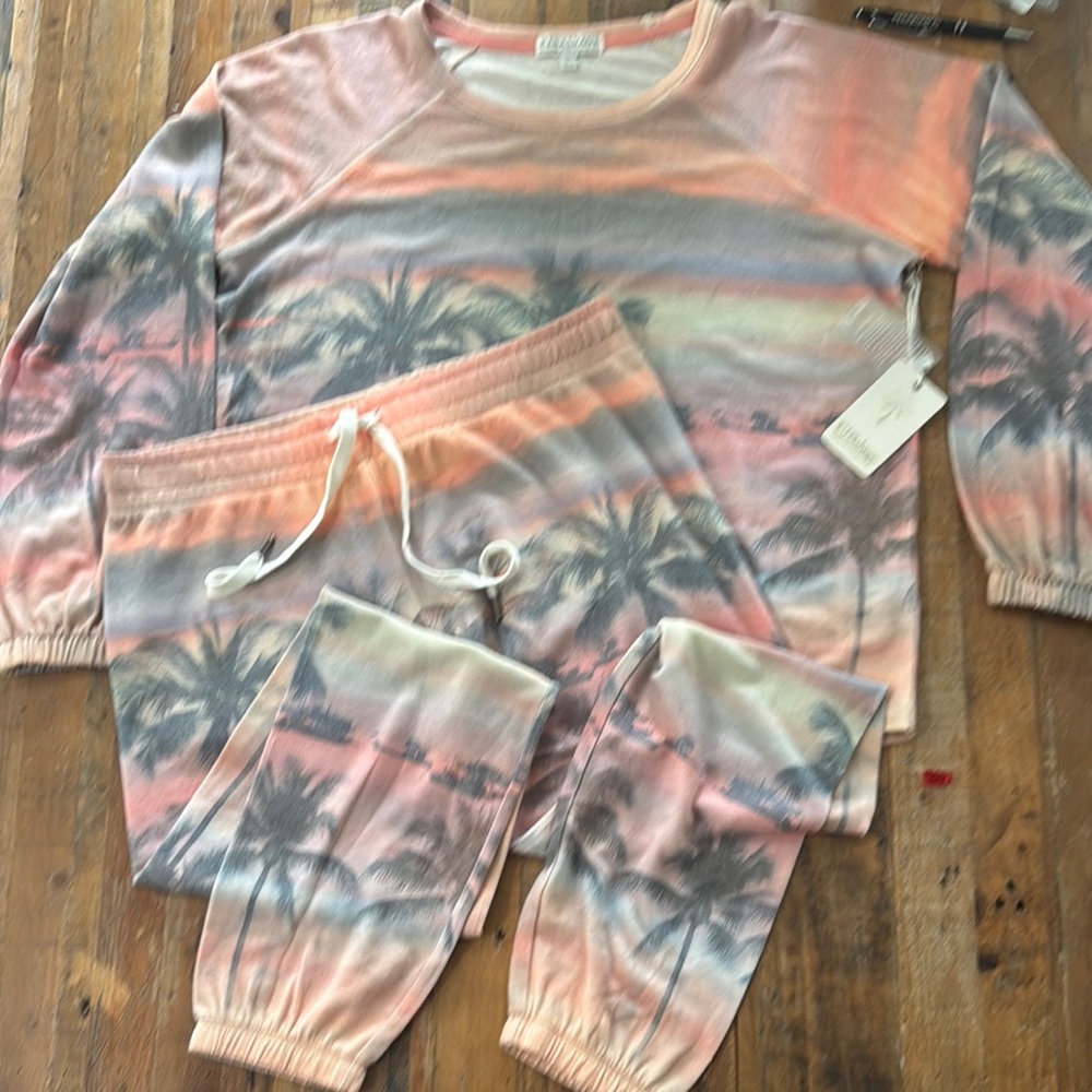 PJ Salvage Pink and Orange Pajama Set with Tropical Vibes